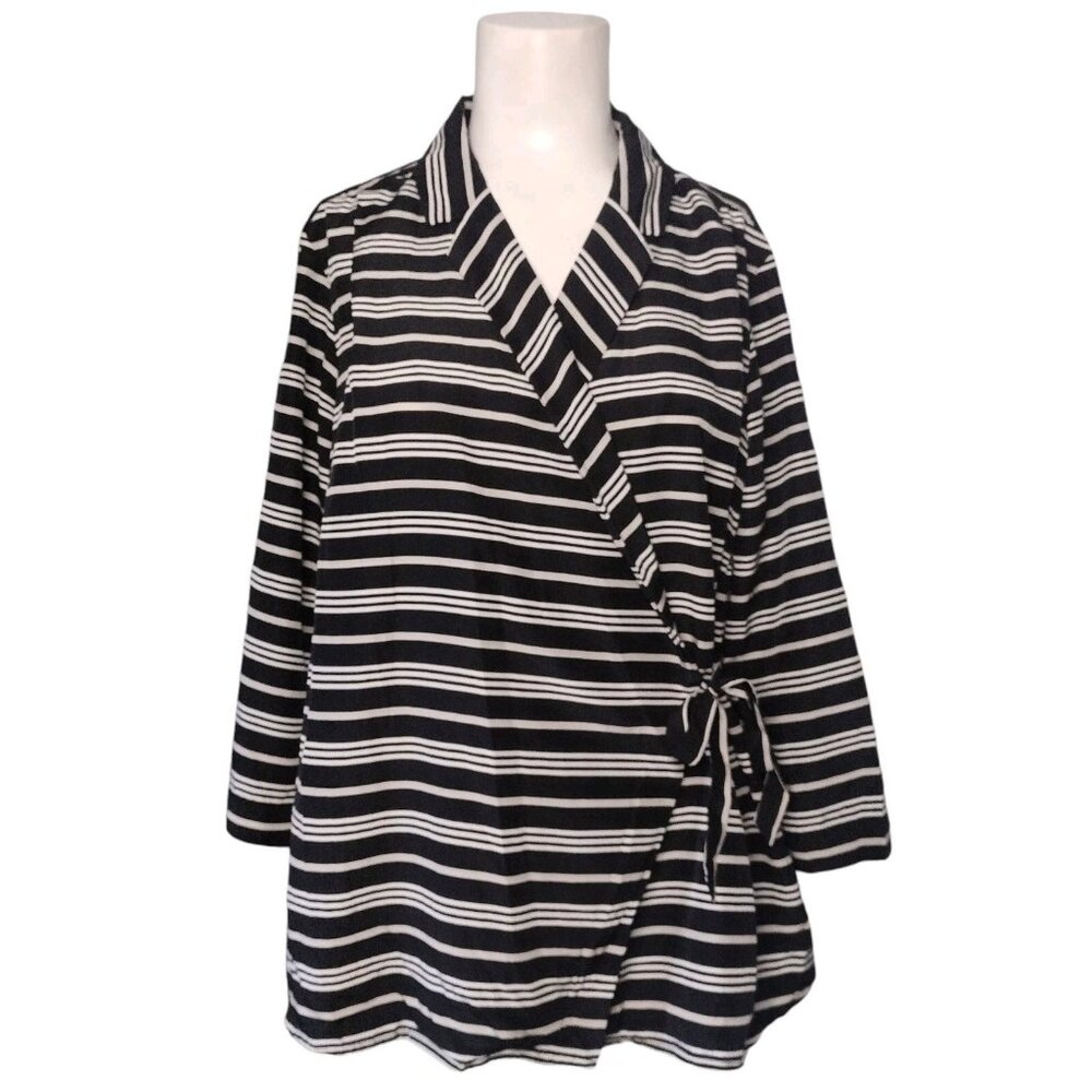 Pendleton Silk Blend Wrap Tunic Top M Striped Office Casual Black White NEW